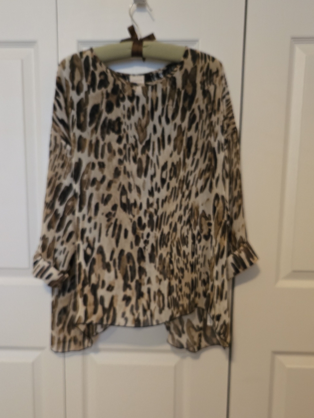 Chico's Beige and Brown Animal-Print Long-Sleeve Sheer Blouse